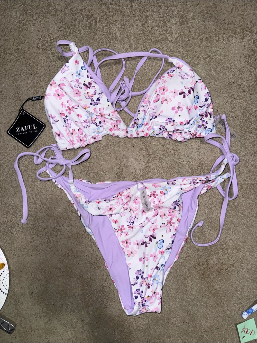 Zaful Lilac and Pink Floral Tie-Side Bikini